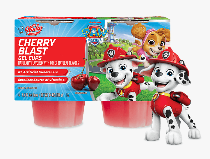 Cherry Blast gel snacks with Marshall character